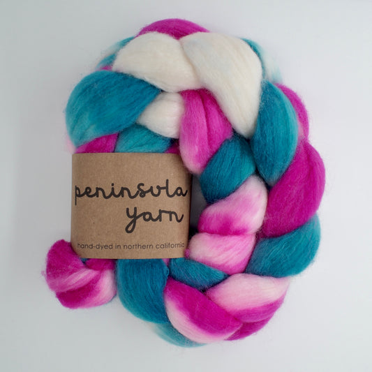 Polwarth Silk Combed Top -Teal Blue & Fuchsia